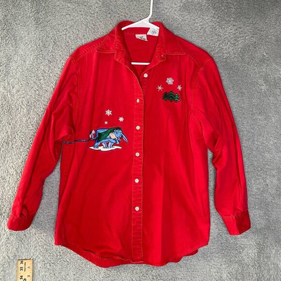 Vintage Disney store winnie the pooh embroidered button up winter sledding M - Picture 1 of 7